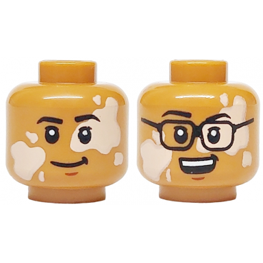 medium nougat minifigure head dual sided black eyebrows light nougat vitiligo no glasses grin black glasses open mouth grin with teeth pattern
