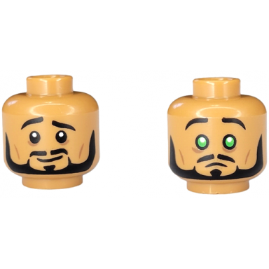 medium nougat minifigure head dual sided black eyebrows moustache and beard medium brown cheek lines worried grin frown with bright green eyes pattern