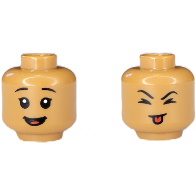 medium nougat minifigure head dual sided female black eyebrows and eyelashes open mouth smile closed eyes and red tongue sticking out pattern