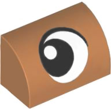 medium nougat slope curved 1 x 2 with black and white eye looking right pattern