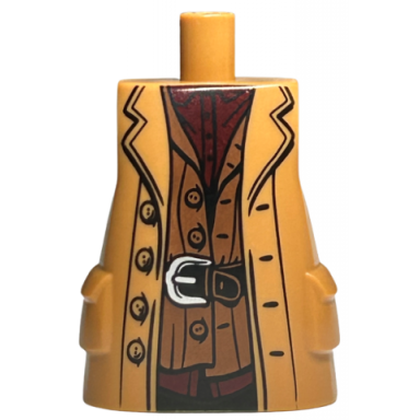 torso large long coat with molded pockets with broad lapels red shirt reddish brown vest and black belt with silver buckle pattern