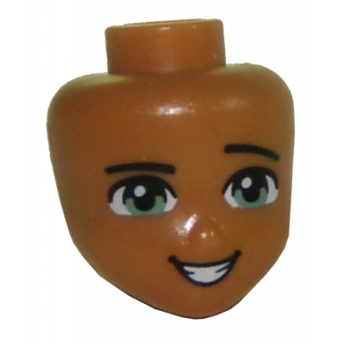 medium nougat mini doll head friends with light green eyes raised left eyebrow and open mouth smile with teeth pattern