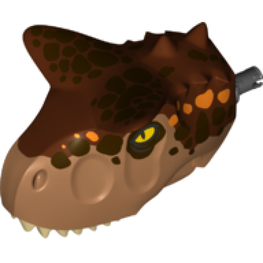 medium nougat dinosaur head carnotaurus with pin tan teeth reddish brown top and dark brown and orange spots pattern