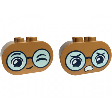 medium nougat duplo brick 2 x 4 x 2 rounded ends with faces with dark blue eyebrows eyes and glasses with light aqua lenses wink and grin scared open mouth with teeth pattern