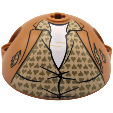 medium nougat cylinder hemisphere 5 x 5 axle hole in center and 2 pin holes with torn jacket tan shirt with buttons wrinkles and dark tan hearts over white undershirt pattern
