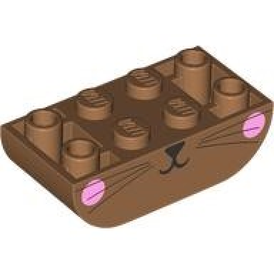 medium nougat slope curved 4 x 2 inverted double with black mouth nose and whiskers and bright pink cheeks cat lower face pattern