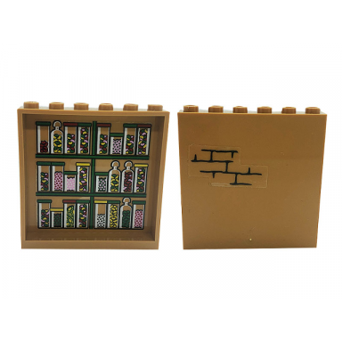 medium nougat panel 1 x 6 x 5 with bricks on outside and jars and candy on inside pattern stickers - set 76388