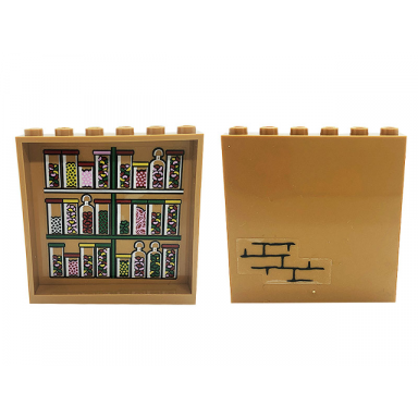 medium nougat panel 1 x 6 x 5 with bricks on outside and jars and candy on inside pattern stickers - set 76388