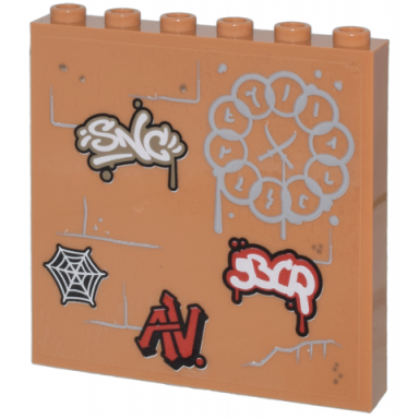 medium nougat panel 1 x 6 x 5 with brick wall with graffiti light bluish gray ten rings symbol black and white spider web and red av pattern sticker - set 76218