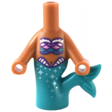 medium nougat micro doll body mermaid with molded dark turquoise tail and printed dark purple dark turquoise metallic pink and white bra with scales metallic light blue dots and sparkles pattern