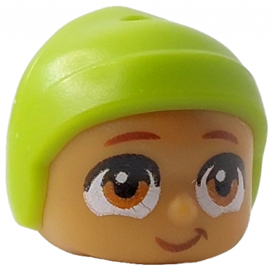 mini doll head modified baby toddler with molded lime cap and printed reddish brown eyebrows and dark orange eyes lopsided grin pattern