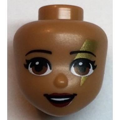 medium nougat mini doll head friends with light brown eyes dark red lips gold lightning bolt around left eye and open mouth smile pattern