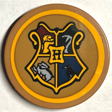 medium nougat tile round 3 x 3 with hogwarts coat of arms crest with bright light orange border pattern sticker - set 76399