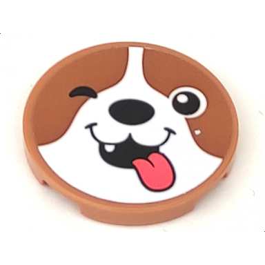 medium nougat tile round 3 x 3 with winking dog face with coral tongue black nose and mouth pattern sticker - set 41699