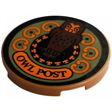 medium nougat tile round 3 x 3 with owl post logo pattern sticker - set 76422