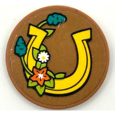 medium nougat tile round 3 x 3 with yellow horseshoe and coral dark turquoise white and lime flowers pattern sticker - set 41745