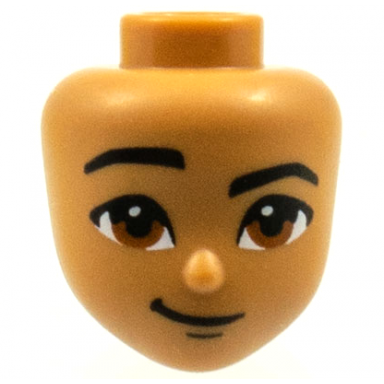 medium nougat mini doll head friends with black thick eyebrows right raised reddish brown eyes chin dimple and lopsided grin pattern