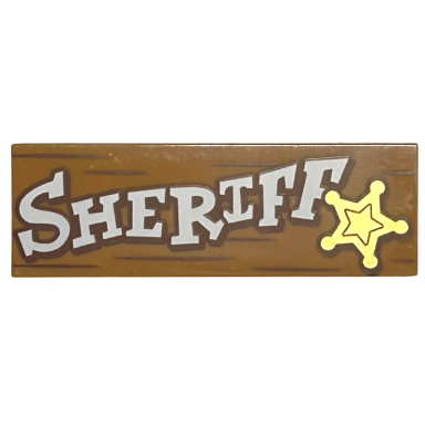 medium nougat tile 2 x 6 with white sheriff gold star and reddish brown wood grain lines pattern