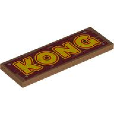 medium nougat tile 2 x 6 with yellow and red kong on dark red wood grain with 4 silver nails pattern