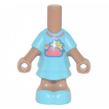 medium nougat micro doll body with molded medium azure short layered dress and shoes and printed coral cloud and collar yellow sun with face and rainbow pattern