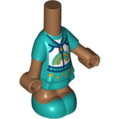 medium nougat micro doll body with molded dark turquoise short layered dress and shoes and printed white hoodie with gold zipper and rainbow pattern