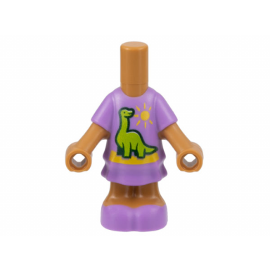 medium nougat micro doll body with molded lavender short layered dress and shoes and printed lime dinosaur yellow sun and ground pattern