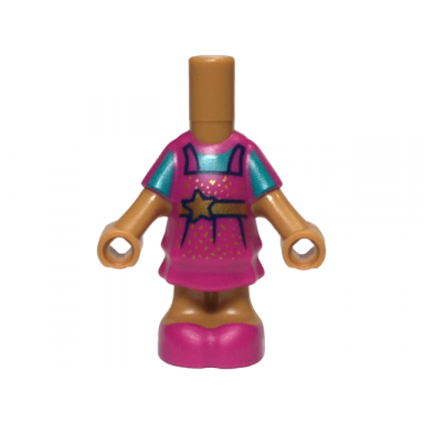 medium nougat micro doll body with molded magenta short layered dress and shoes and printed dark turquoise shirt gold sparkles and sash with star pattern