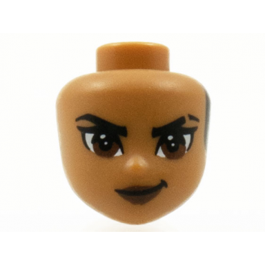 medium nougat mini doll head friends with black hair on back black eyebrows with scar on left reddish brown eyes and lips and closed mouth pattern