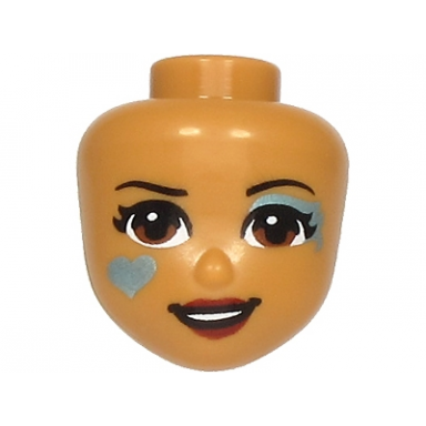medium nougat mini doll head friends with reddish brown eyes dark red lips open mouth and metallic light blue eye shadow and heart pattern