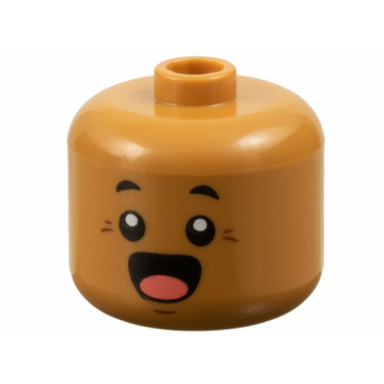 medium nougat minifigure head modified giant black eyebrows reddish brown chin dimple and crows feet surprised open mouth with coral tongue pattern - vented stud