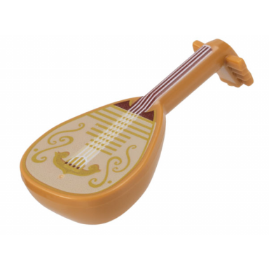 medium nougat minifigure utensil musical instrument lute with dark red neck white strings and tan body with gold filigree trim pattern