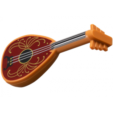 medium nougat minifigure utensil musical instrument lute with black neck silver strings and dark red body with gold filigree trim pattern