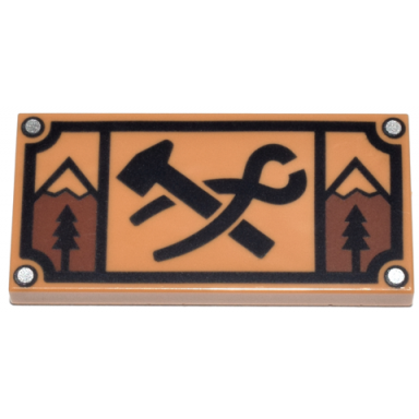medium nougat tile 2 x 4 with black blacksmiths hammer and tongs trees and mountains pattern