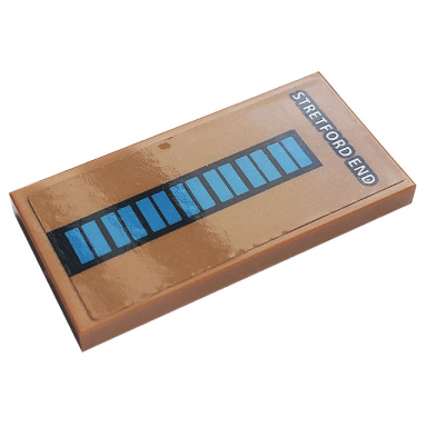 medium nougat tile 2 x 4 with white stretford end and blue rectangles pattern sticker - set 10272