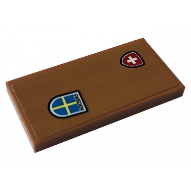 medium nougat tile 2 x 4 with swedish and swiss emblem and black sweden pattern sticker - set 10271