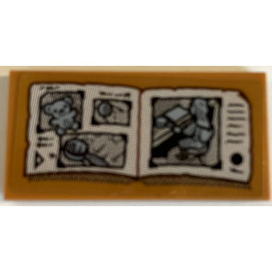 medium nougat tile 2 x 4 with open book with teddy bear magnifying glass black writing and circle pattern sticker - set 70425
