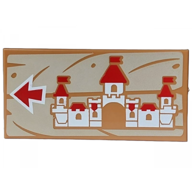 medium nougat tile 2 x 4 with red and white peach castle and arrow on tan wood grain background pattern