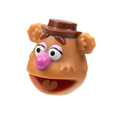 medium nougat minifigure head modified muppet fozzie reddish brown hat and eyebrows dark pink nose pattern