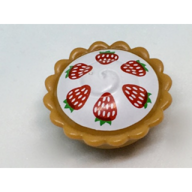medium nougat pie with white cream filling and six red strawberries with green leaves pattern