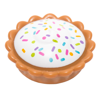 medium nougat pie with white cream filling and bright light orange dark pink dark turquoise lime and medium lavender sprinkles pattern bam