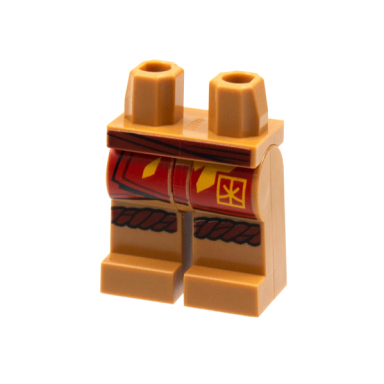 medium nougat hips and legs with dark red sash and knee wrap red robe end with bright light orange flame and ninjago logogram letter k in square pattern