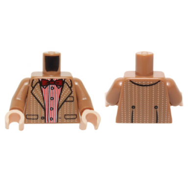 medium nougat torso tweed suit jacket over red stripe button down shirt and dark red bow tie pattern medium nougat arms light nougat hands