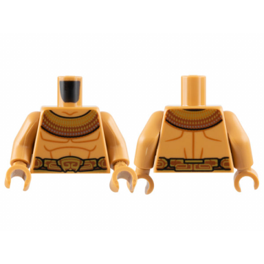medium nougat torso bare chest with dark orange muscle contours reddish brown mantle and belt with gold decoration pattern medium nougat arms medium nougat hands