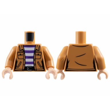 medium nougat torso female jacket with pockets over white and dark purple striped shirt black belt with silver buckle pattern medium nougat arms light nougat hands