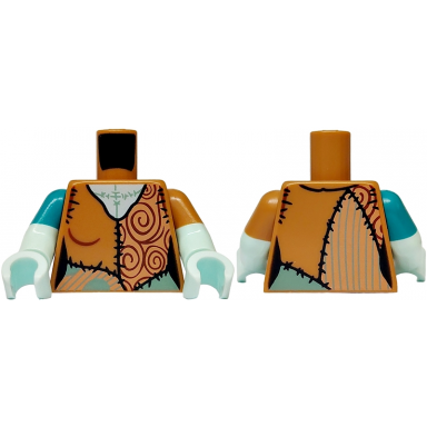 medium nougat torso female patchwork ragdoll with large spirals pattern light aqua arm left with medium nougat short sleeve light aqua arm right with dark turquoise short sleeve light aqua hands