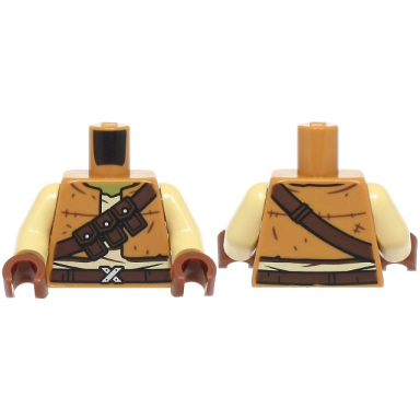 medium nougat torso vest open over tan shirt dark brown belt with silver buckle strap with pouches olive green neck pattern tan arms reddish brown hands