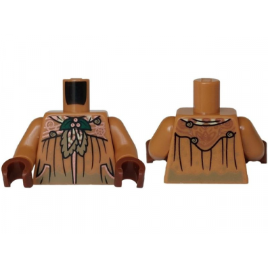 medium nougat torso female robe with dark tan mud dark green holly brooch copper filigree black wrinkles and pockets tan shawl rounded on back pattern medium nougat arms reddish brown hands