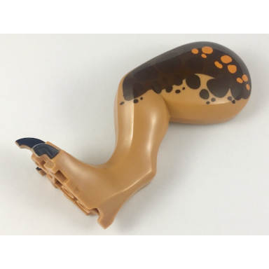 medium nougat dinosaur leg large rear tyrannosaurus rex with pin black claws and dark brown and orange spots over reddish brown pattern - left