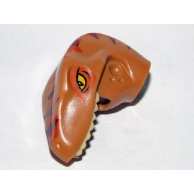 medium nougat dinosaur head raptor with pin hole with tan teeth and dark orange and dark brown stripes pattern