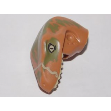 medium nougat dinosaur head raptor with pin hole with tan teeth and olive green splotches pattern